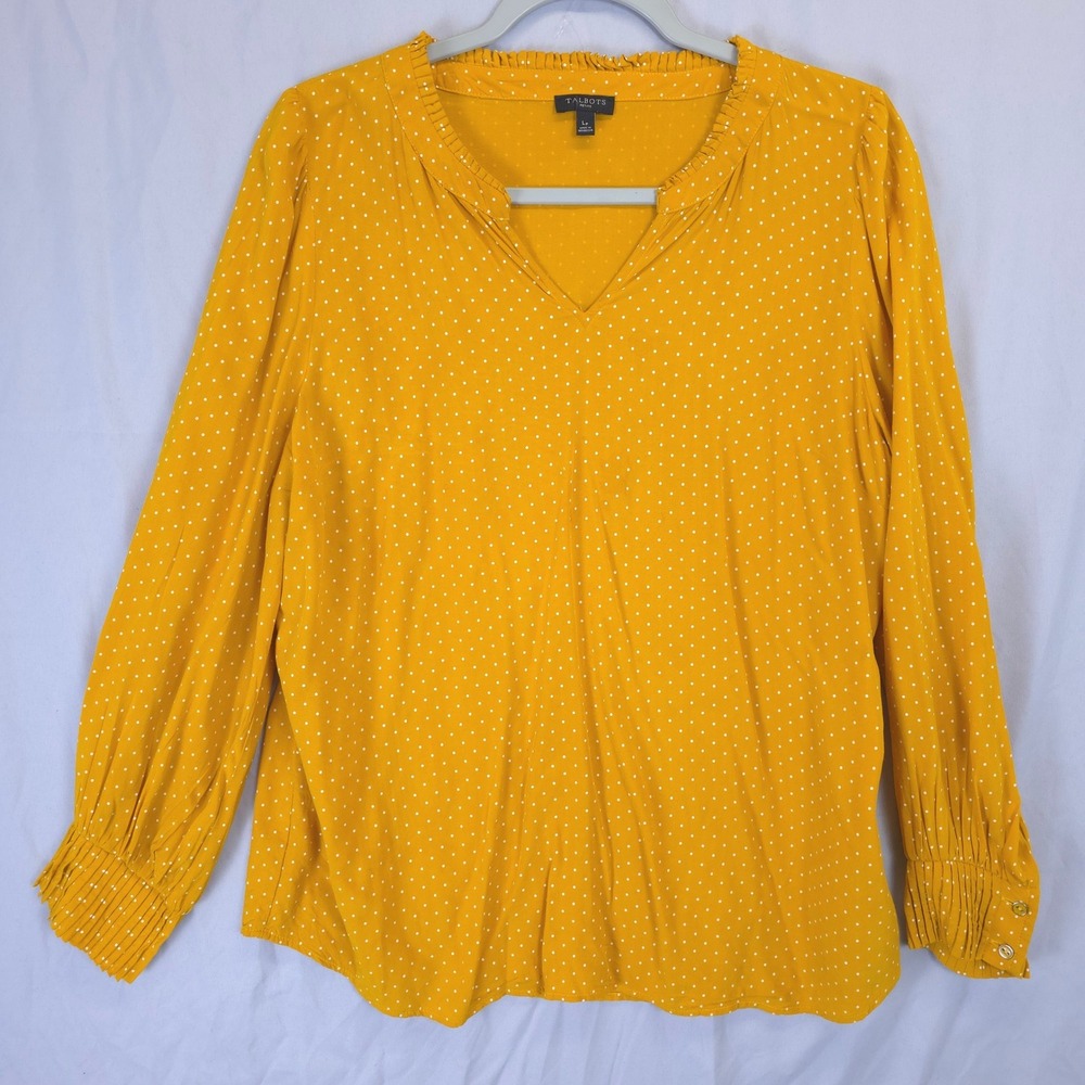 Talbots Petite Mustard Yellow Polka Dot Ruffle Neck Blouse LP Long Sleeve Office